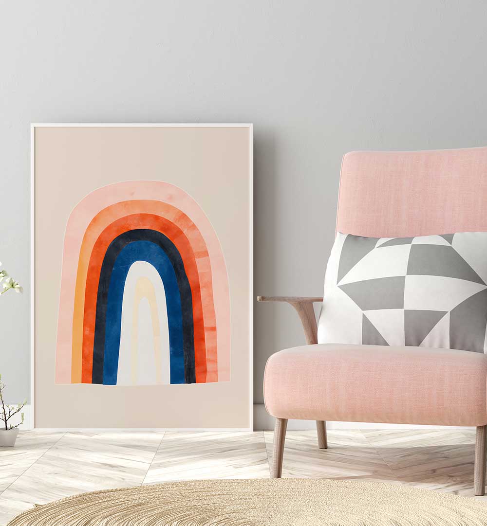 OVER THE RAINBOW , KIDS ROOM PAINTINGS featuring a vibrant rainbow artwork beside a pastel pink chair in a cozy room setting.
