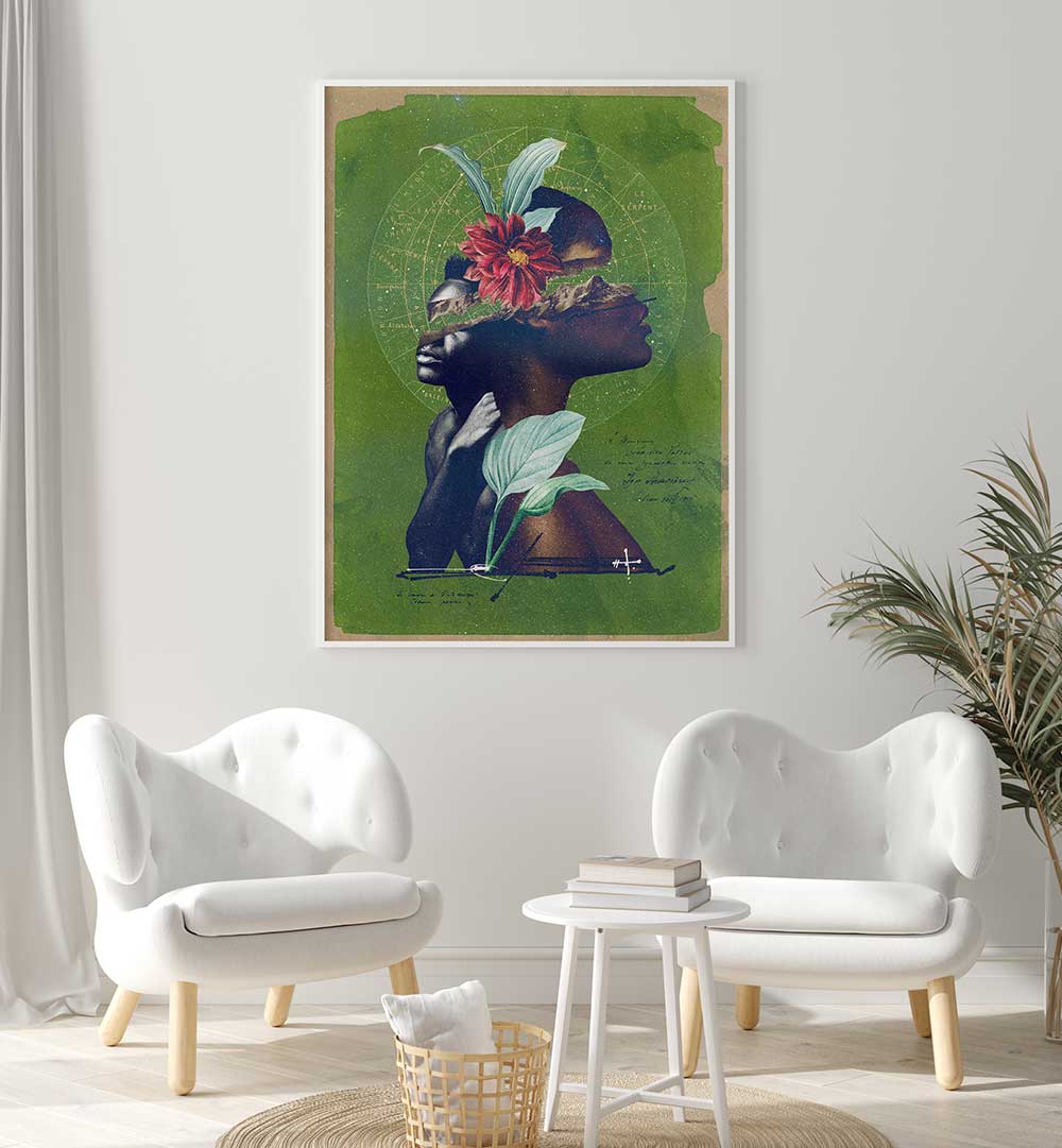 Stunning THE ROOTS, SURREAL ART PRINTS showcased in a modern living space, blending nature and human form beautifully.