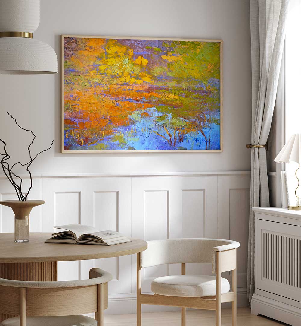 Framed AUTUMN'S PALETTE , LANDSCAPE PAINTINGS textured autumn field, golden trees and blue reflections in modern room
