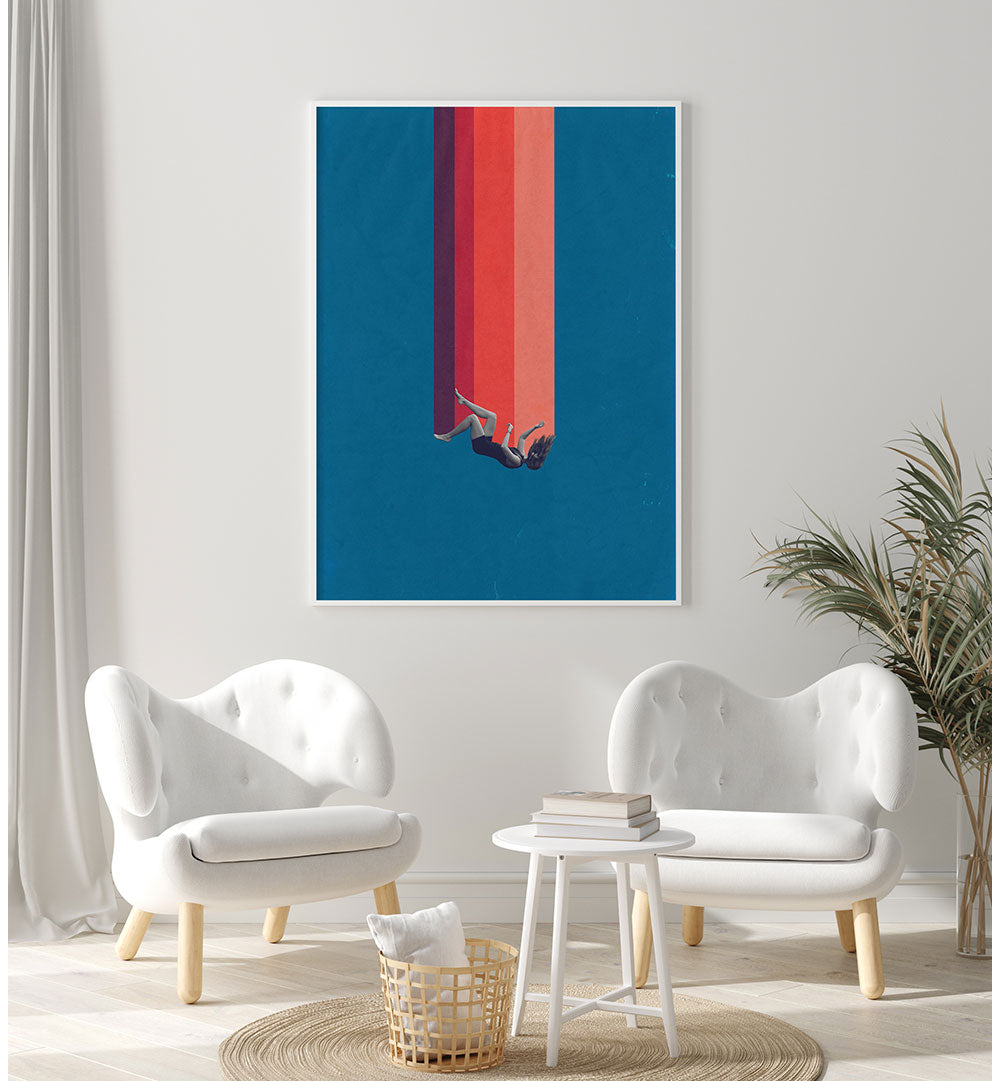 Surreal art print "FALLING LOVE" featuring vibrant colors and whimsical design, perfect for stylish home decor.