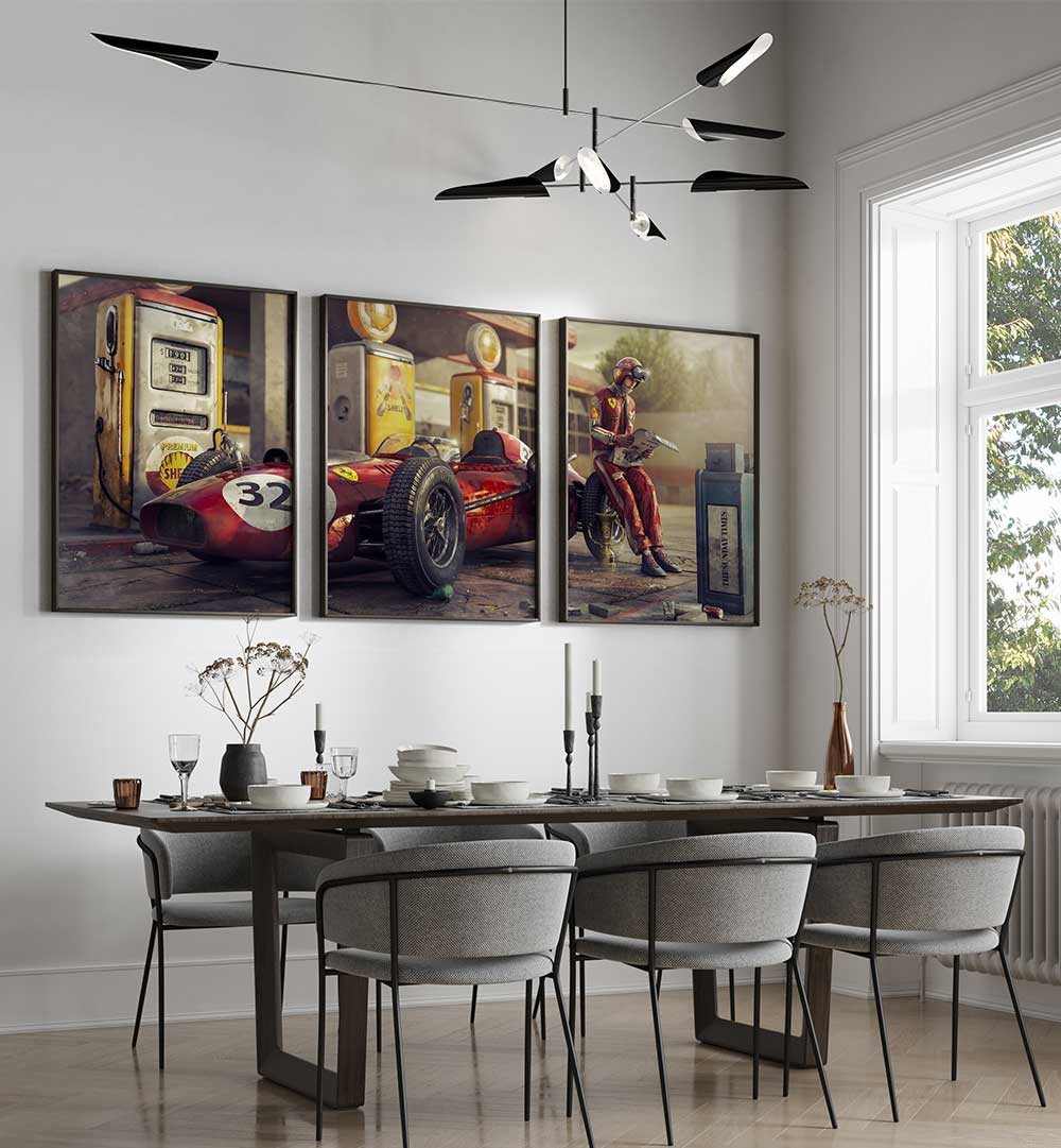 CLASSIC PIT STOP , SET OF 3 PAINTINGS