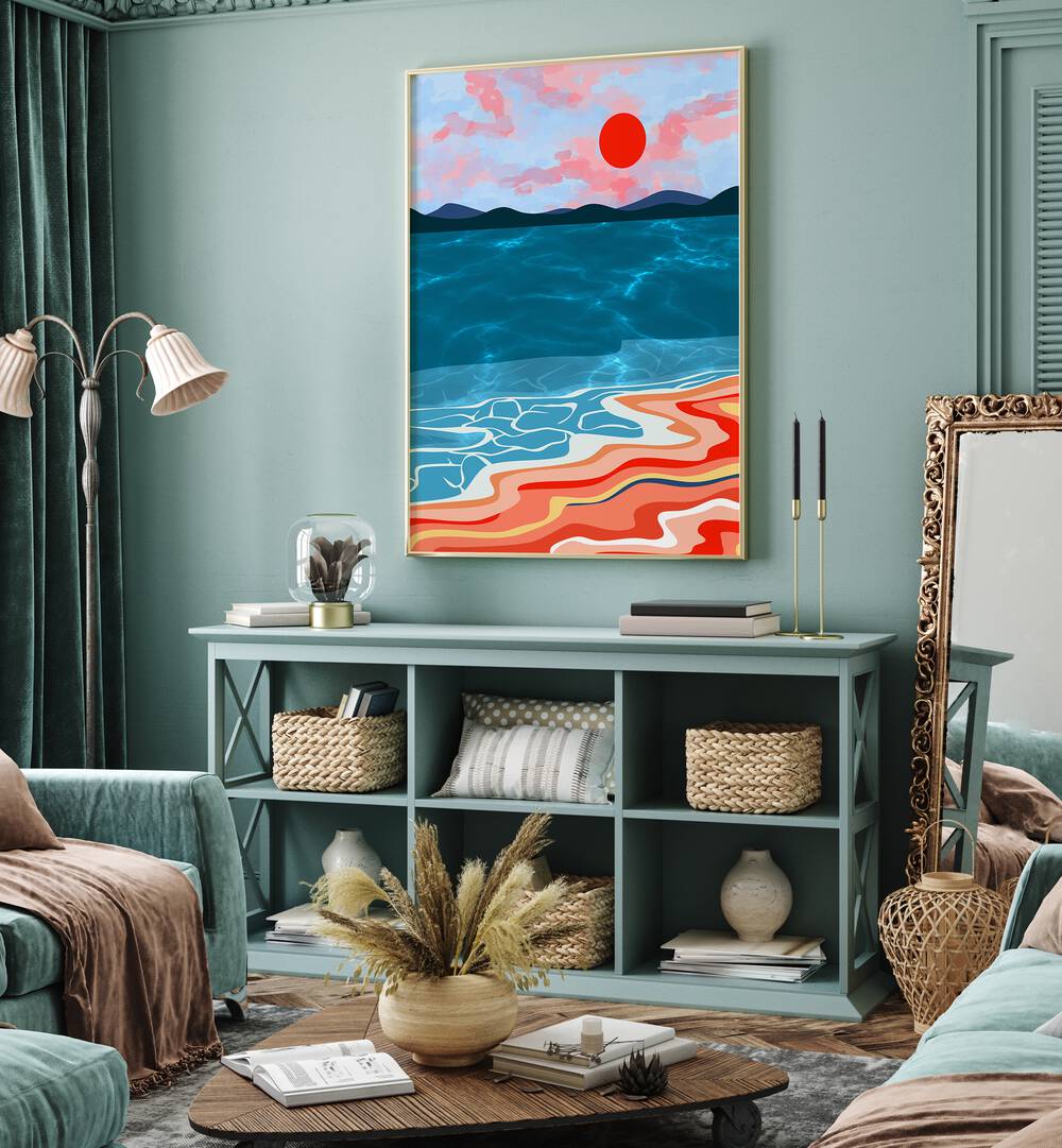 Bright coastal hues blend beautifully in this beach painting, perfect for enhancing your home decor.