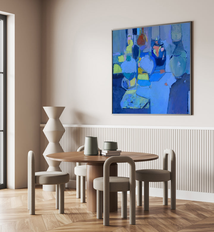 Elegant BLUE GLASS, ABSTRACT PAINTINGS adorns a modern dining space, enhancing decor with vibrant color and style.