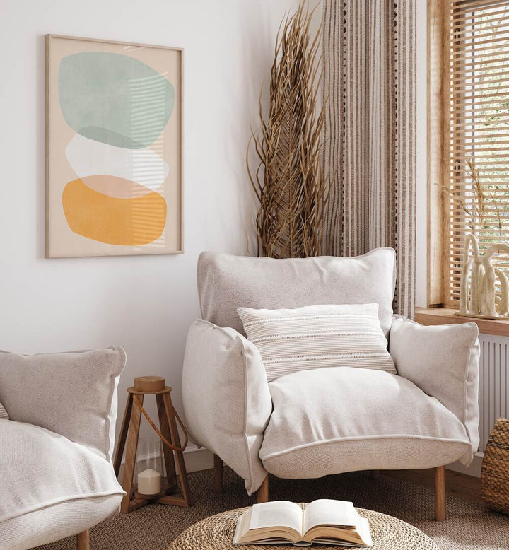 Stylish interior featuring ROCK OVERLAY II, ABSTRACT PAINTINGS, enhancing modern decor with vibrant colors and shapes.