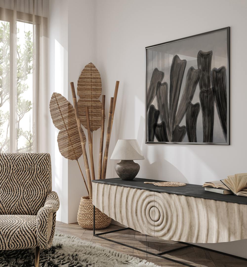 Stylish living room featuring BOTANICAL ABSTRACT V, FLORAL FLOWER PAINTINGS, enhancing the natural aesthetic beautifully.