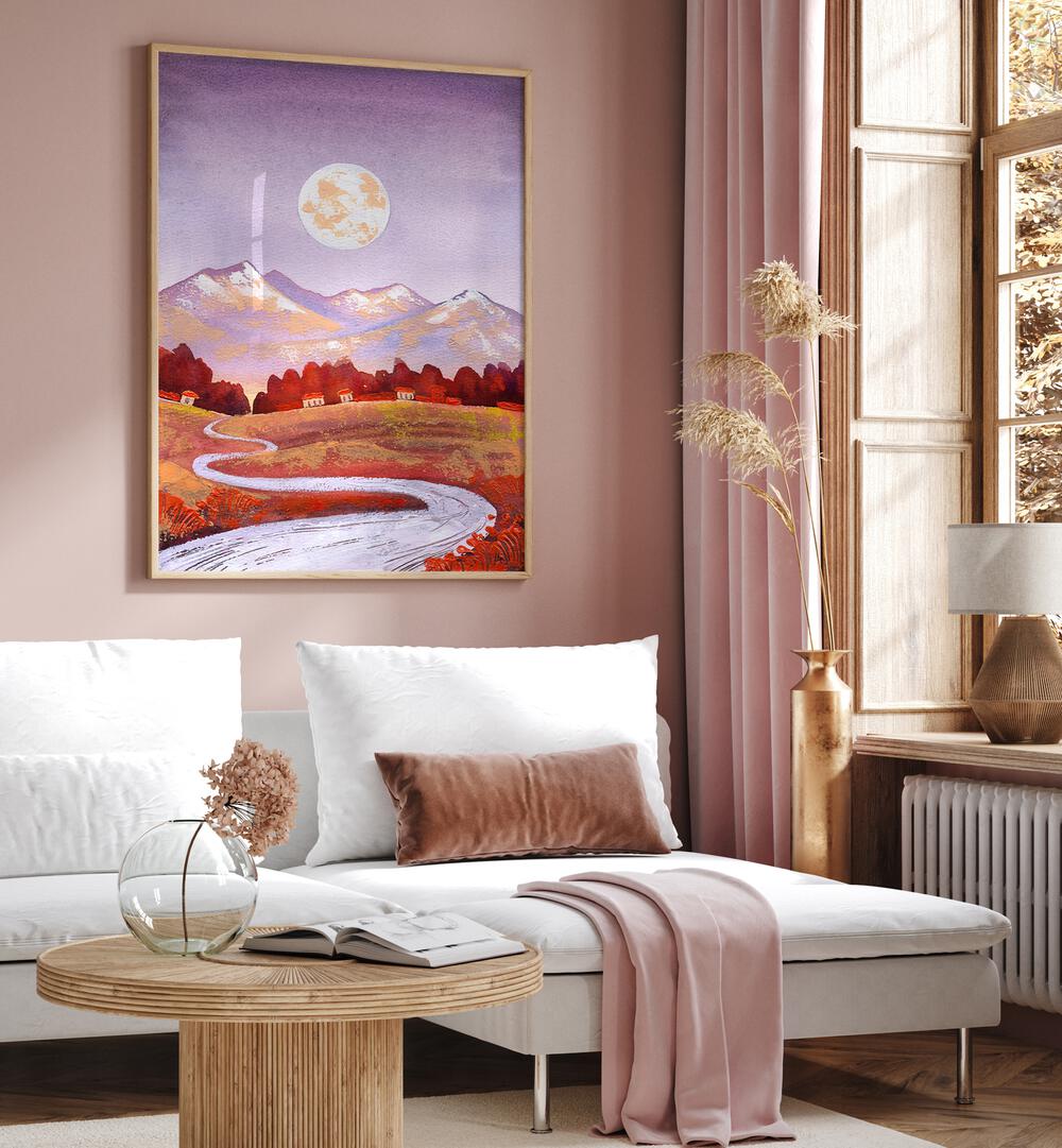 Stunning FULL MOON PURPLE LANDSCAPE PAINTINGS enhance serene living spaces with dreamlike moonlit views.
