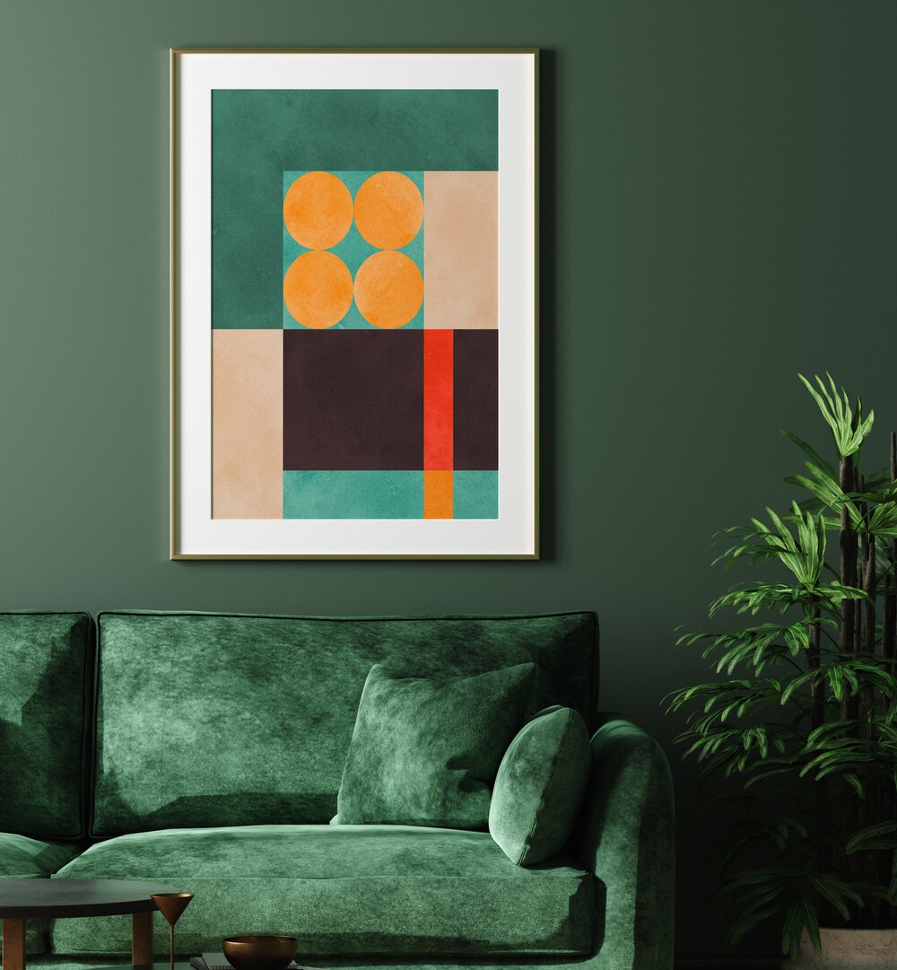 Vibrant COLORFUL COMPOSITION VI, GEOMETRIC ART PRINTS adorns a stylish living space, enhancing modern decor.