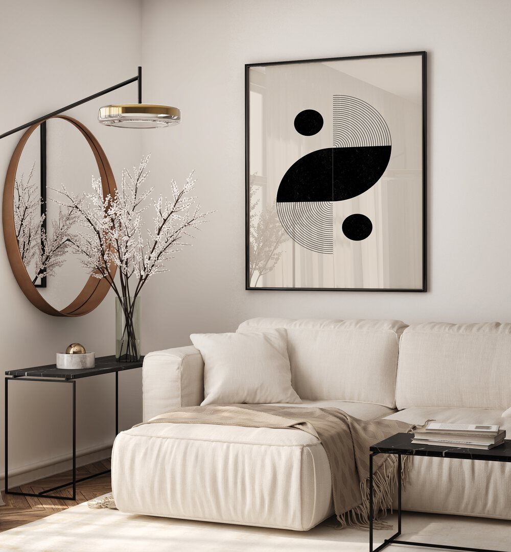 Stylish living room featuring the BAB III, BOHO ART PAINTINGS by The Miuus Studio, enhancing modern home décor.
