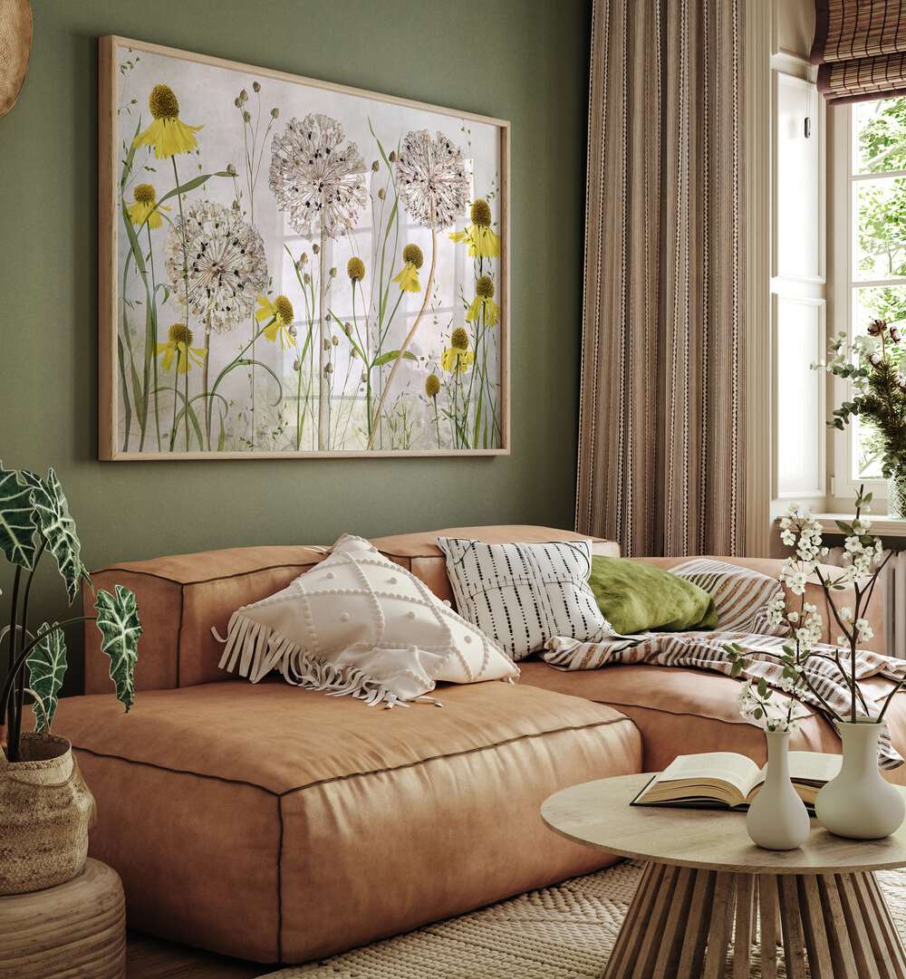 Bright and airy living room featuring ALLIUMS AND HELENIUMS, FLORAL FLOWER PAINTINGS that enhance the decor beautifully.