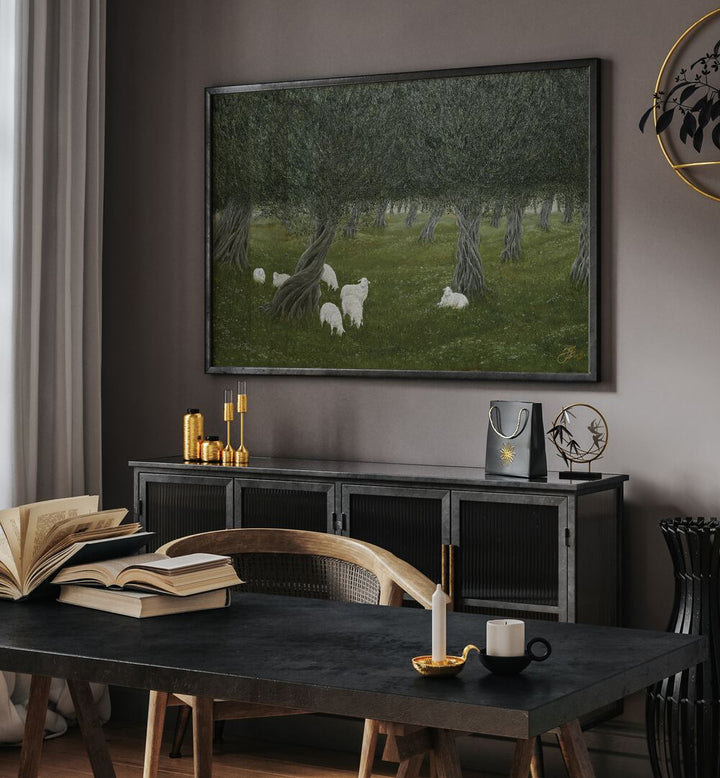 Shamble Grove, Animal Paintings adorn a stylish room, showcasing elegant sheep grazing in a serene landscape.