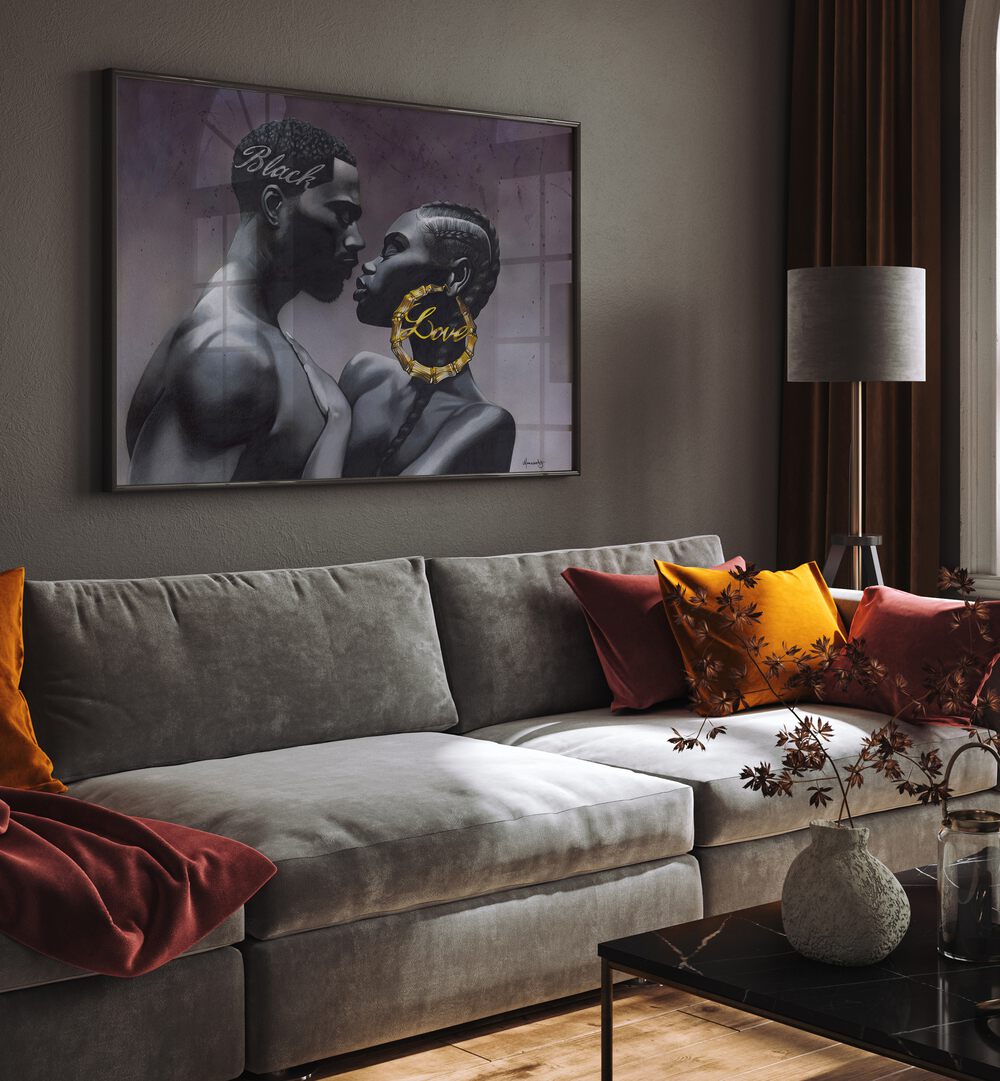 Stunning BLACKLOVE, AFRICAN ART PAINTINGS showcased above a stylish couch, perfect for modern elegance.