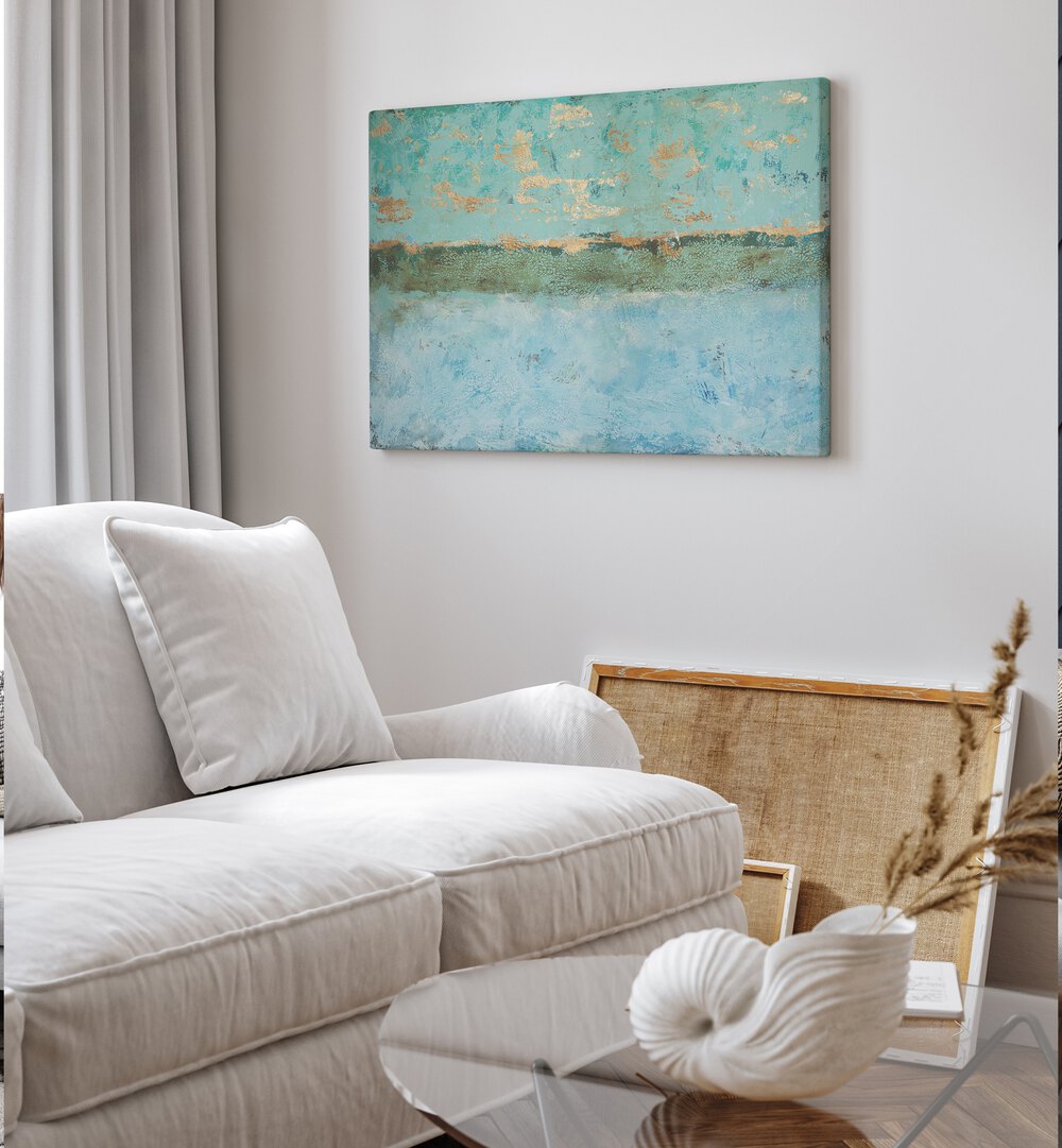 Ethereal Horizons, abstract paintings brighten a modern living space with serene blue hues and artistic charm.