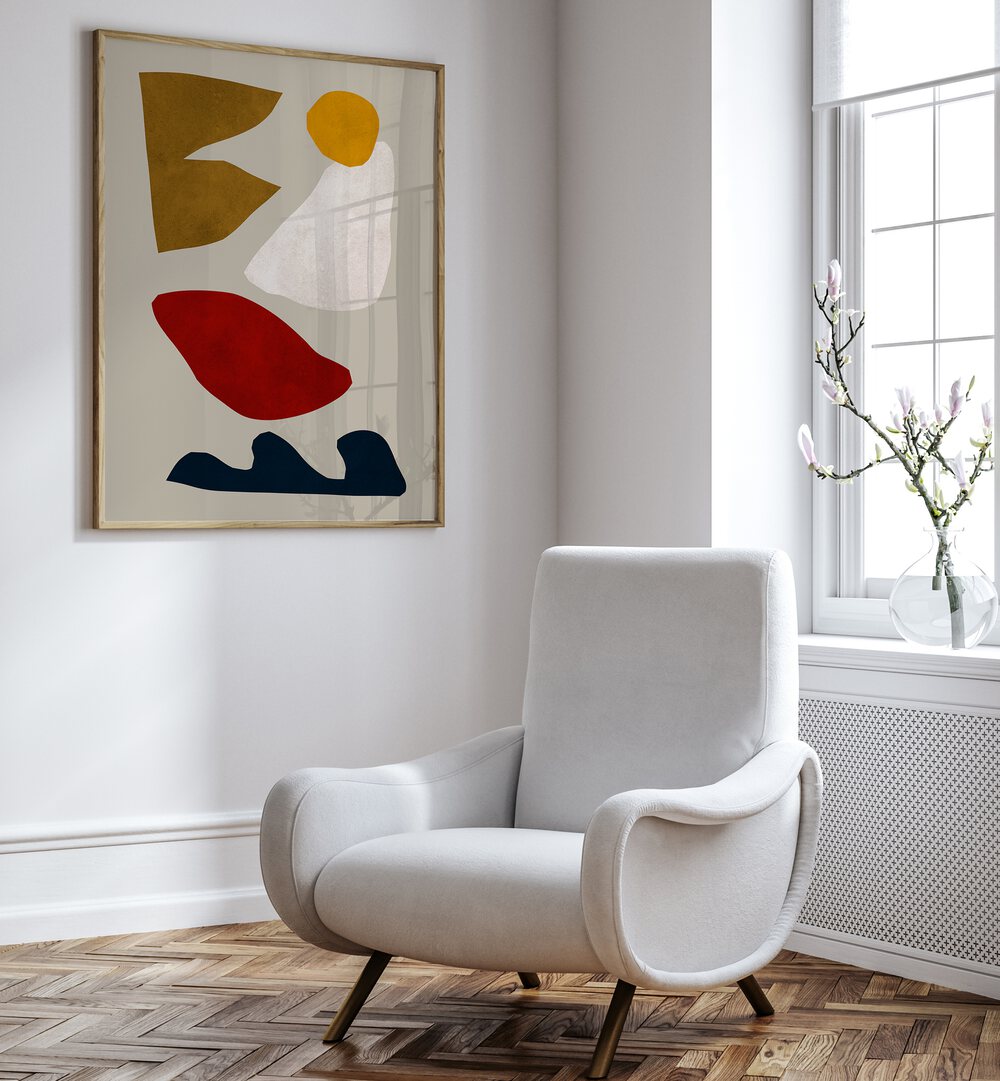 Stylish room featuring the EXPRESSIVE GEO IV, GEOMETRIC ART PRINTS, enhancing modern decor with vibrant shapes.