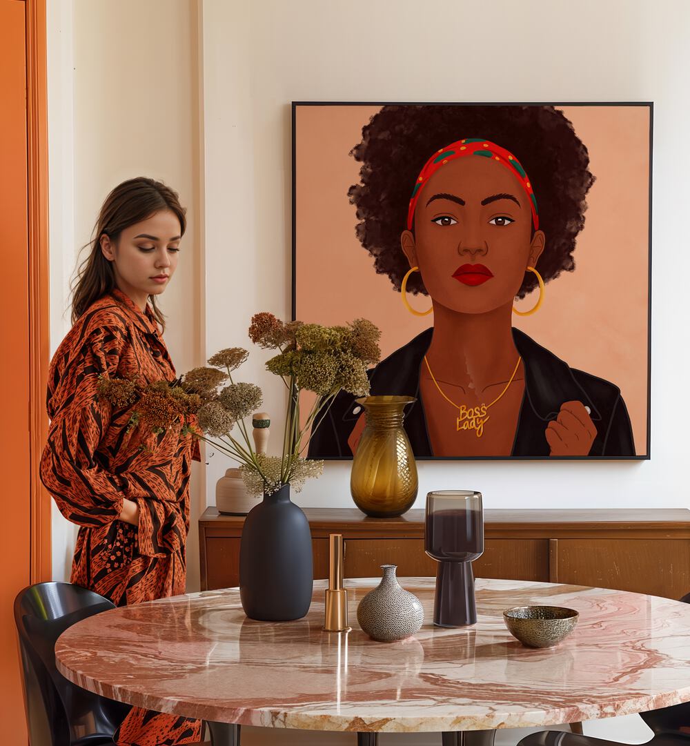 Elegant "BOSS LADY" portrait by Petra Holikova, showcasing empowerment in contemporary art. Perfect for stylish decor.
