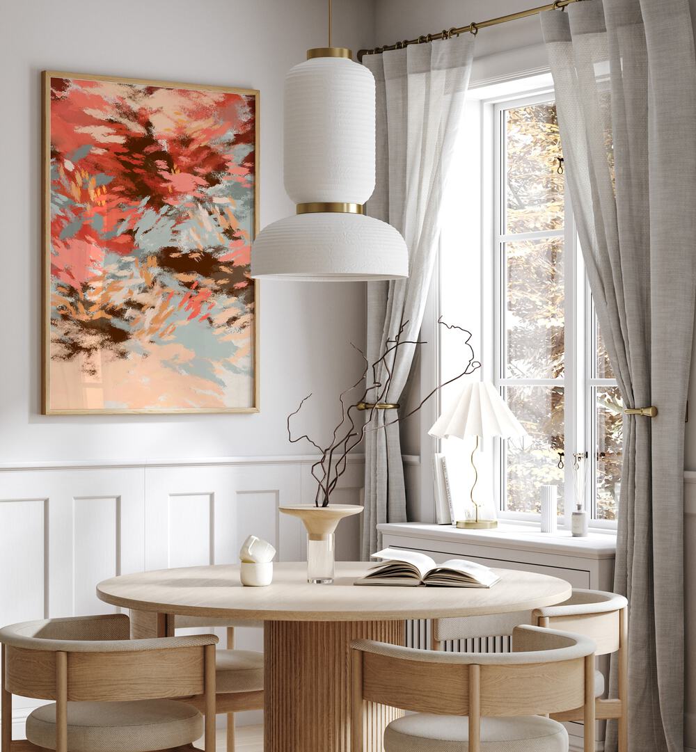 Stylish living room featuring AUTUMN SHADOWS I, ABSTRACT PAINTINGS, showcasing warm autumn tones and elegance.