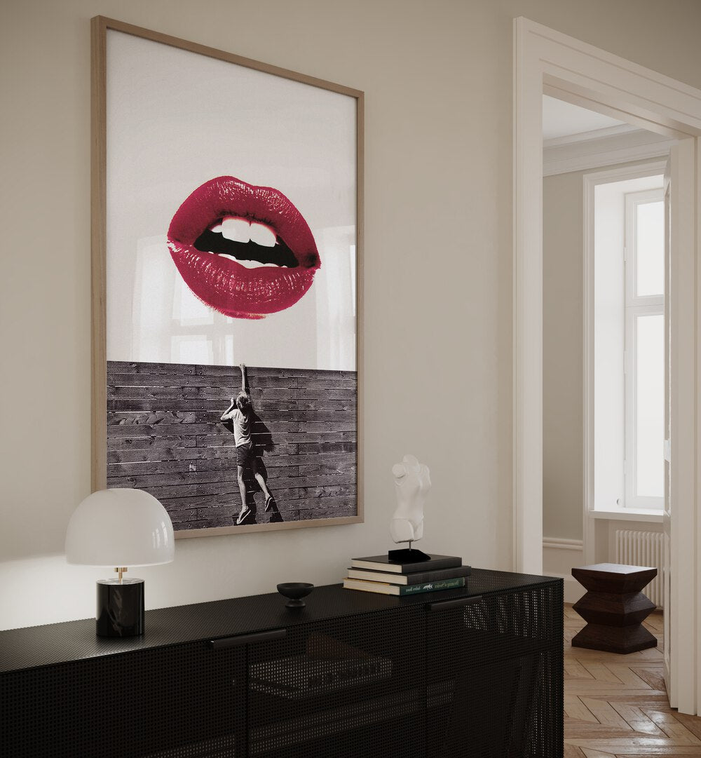 Vibrant CURIOUS LIPS, ALTERED ART PRINTS displayed in a modern living space, enhancing any art lover's collection.
