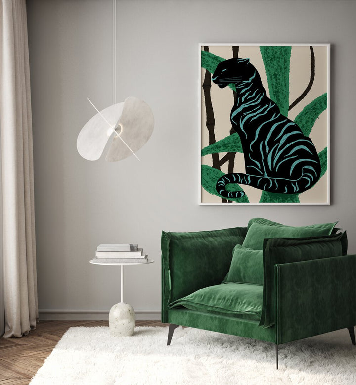 Elegant BLACK CHARACTER, ANIMAL PAINTINGS showcasing a striking black cat among lush foliage, perfect for modern decor.