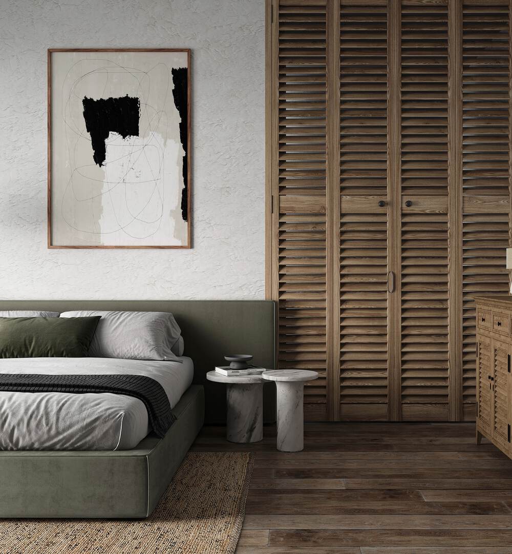 Stylish bedroom featuring ABSTRACT TORN PAPERS , ABSTRACT PAINTINGS by Miuus Studio, enhancing modern decor.