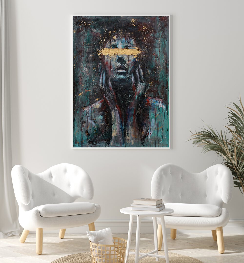 Abstract ENLIGHTENED , PORTRAITS artwork featuring a figure with golden accents, perfect for modern decor.