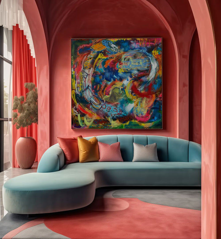 Bright and colorful BRONX WALLL, ABSTRACT PAINTINGS enhance a stylish living space with artistic flair.