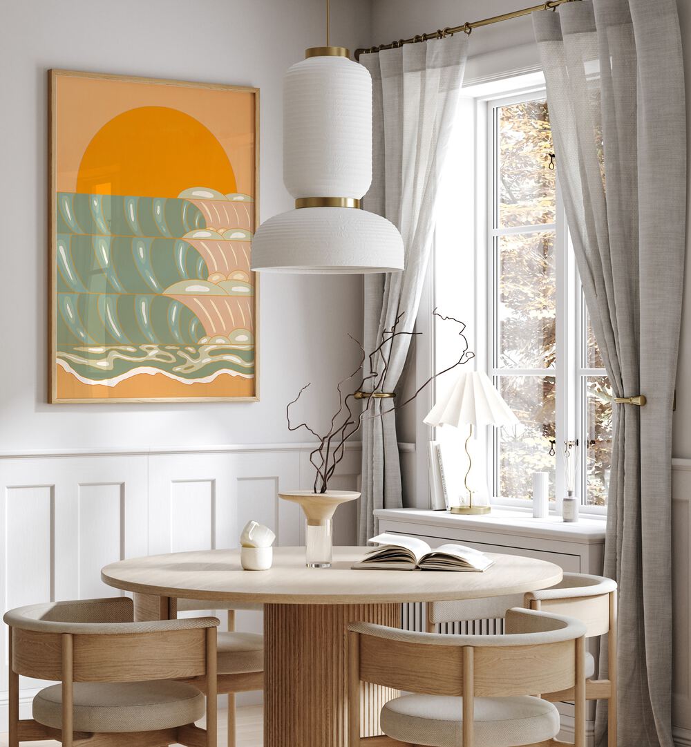 Stunning GOLDEN WAVE, LANDSCAPE PAINTINGS adorn a modern dining space, enhancing its beauty and tranquility.