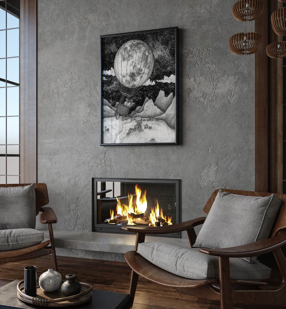 Elegant living room featuring the MOON BALLOON ORIGINAL, SURREAL ART PRINTS, enhancing timeless decor and charm.