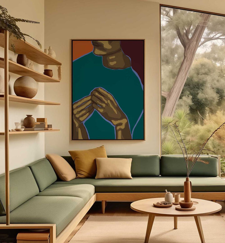Stylish room featuring UNCRAZY, PORTRAITS art piece showcasing expressive hands and vibrant colors. Perfect for modern decor.