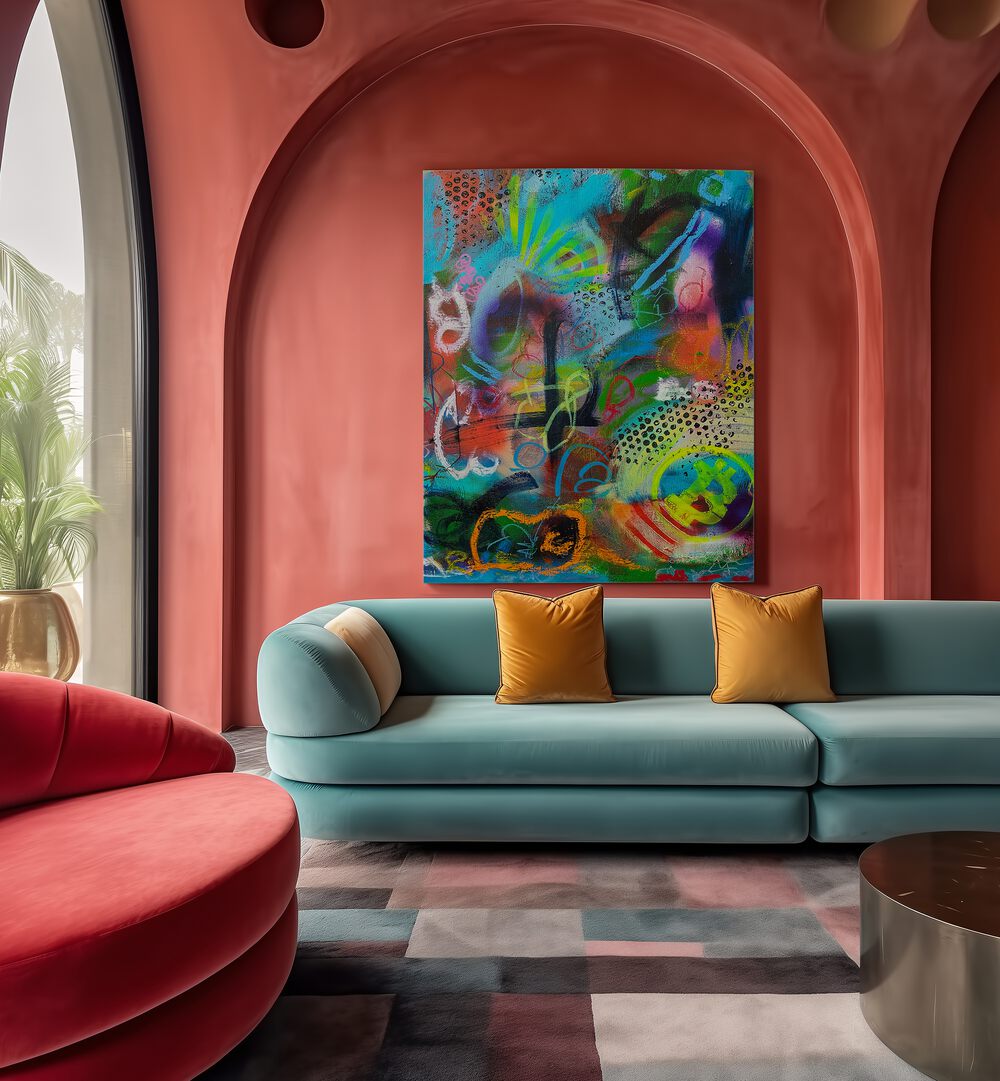 Brightly colored BRONXFITTI Abstract Paintings enhance a stylish living space, adding vibrant artistry to your decor.