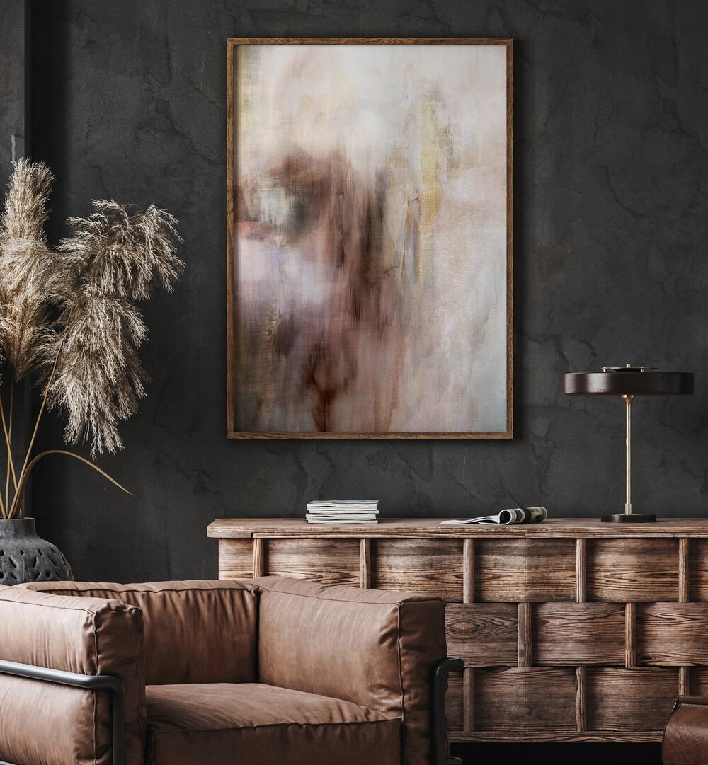 Ethereal forms in abstract paintings adorn a stylish living room, enhancing the modern aesthetic beautifully.