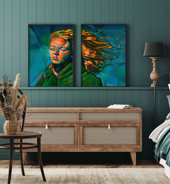 Living room with wooden console table, abstract paintings on the wall, and decorative elements.