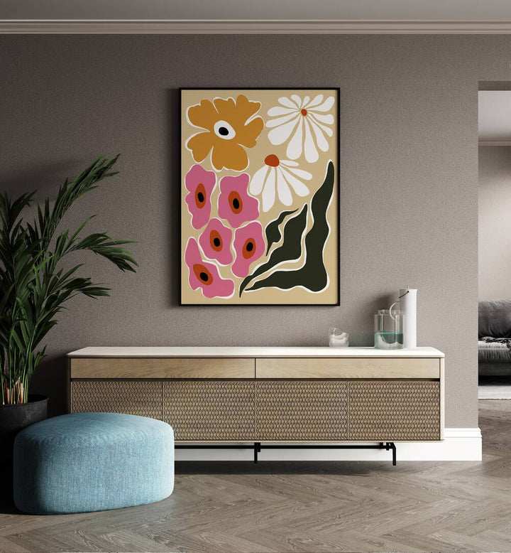 70's Retro Garden, Botanical Art Paintings Artwork in Black Plain Frame
placed on a Beige Colored Wall
placed above a Console Table
in the Drawing Room
