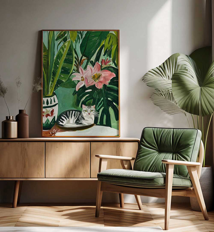 TROPICAL MUSE WITH CAT , FLORAL FLOWER PAINTINGS