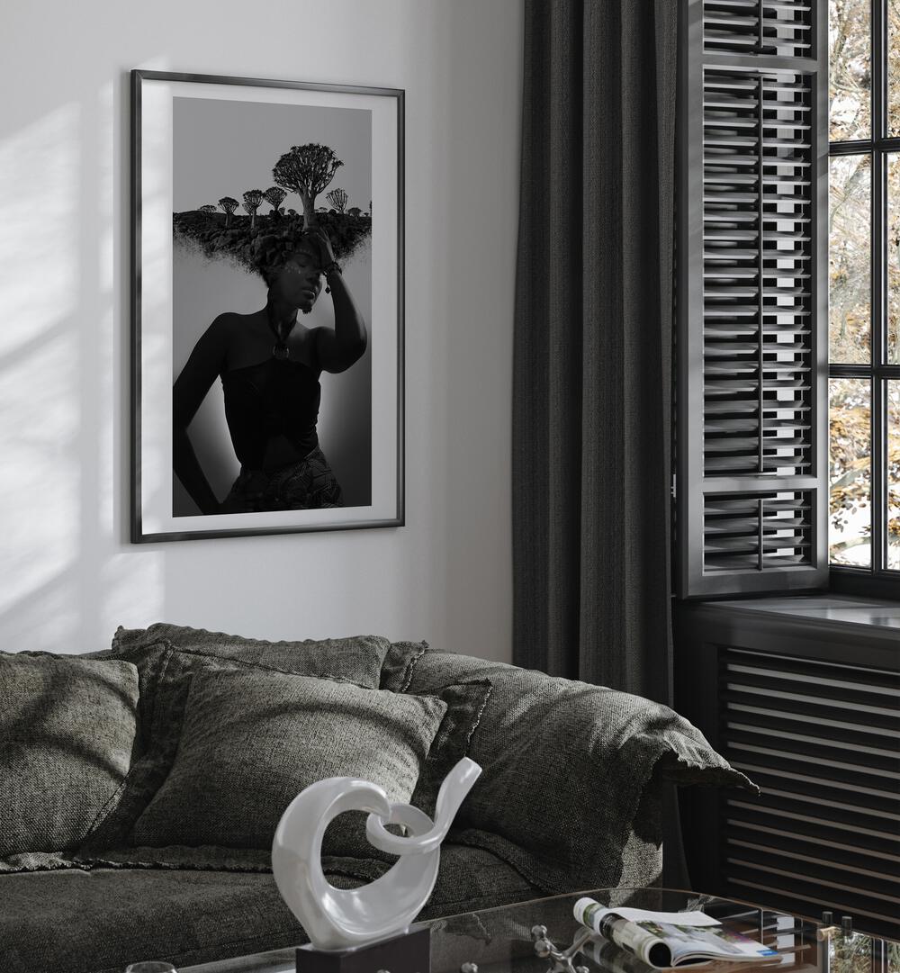 Stylish living room featuring NAMBIA THOUGHTS, SURREAL ART PRINTS, enhancing modern decor with artistic flair.