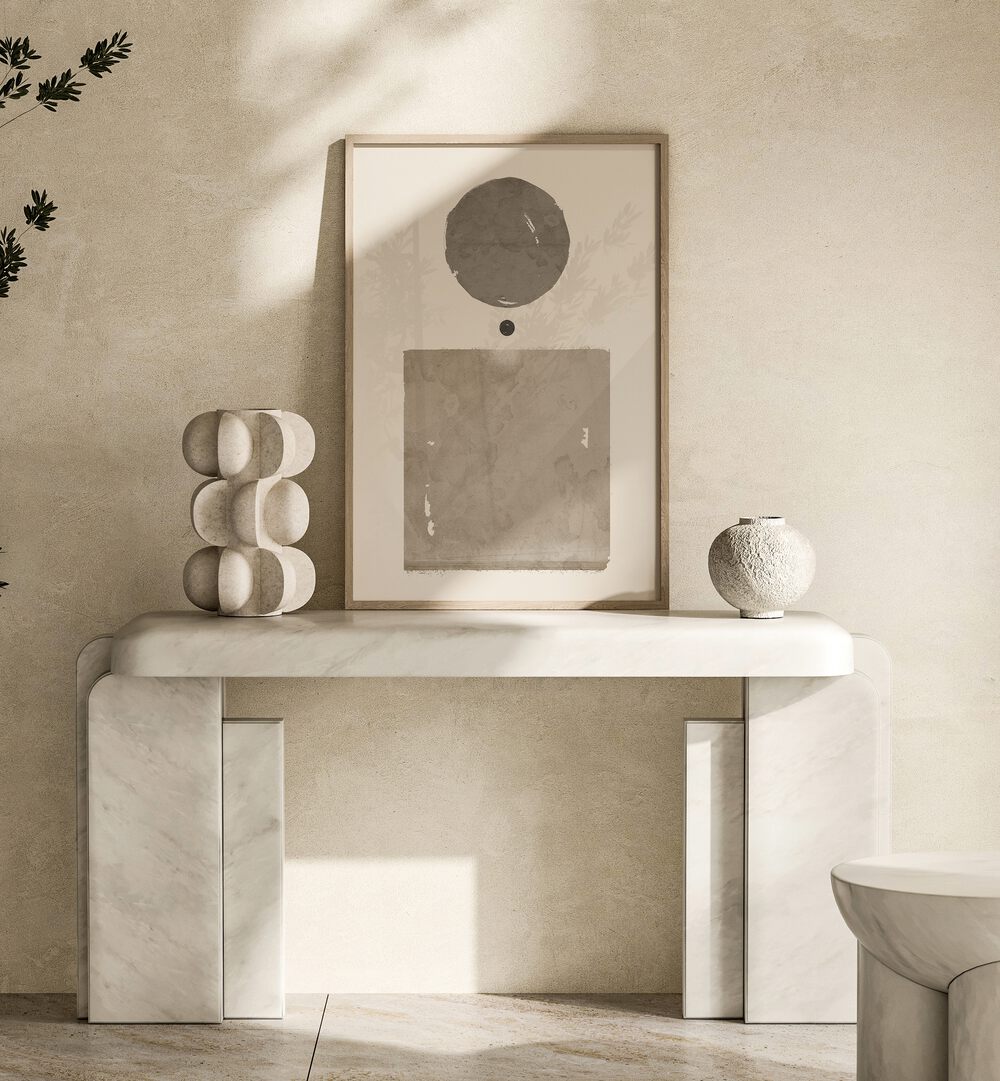 Elegant display of MUTED BEAUTY, GEOMETRIC ART PRINTS, complementing a modern interior with soothing shapes.
