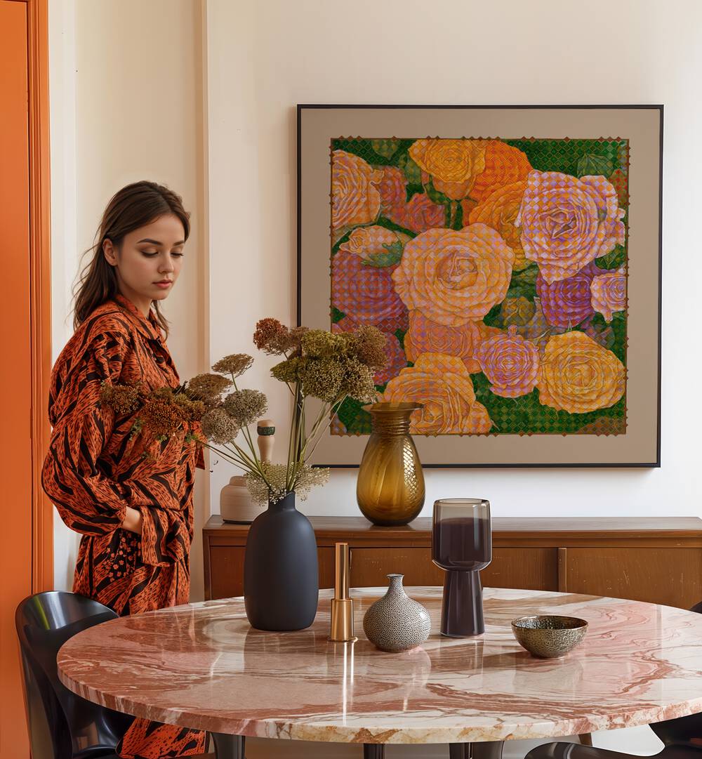 Elegant interior featuring GRID OF BEAUTY - ROSES, FLORAL FLOWER PAINTINGS, enhancing the space with vibrant colors.