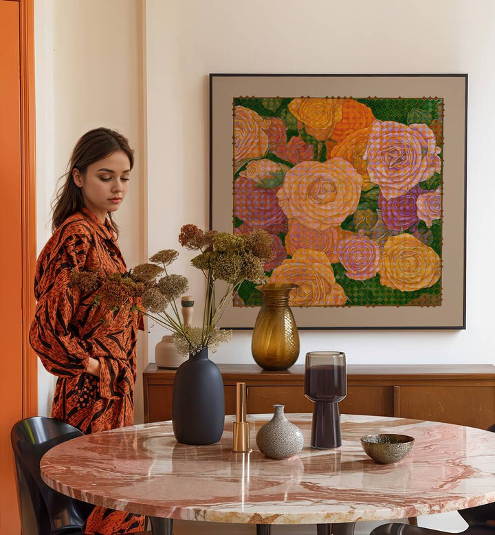 Elegant interior featuring GRID OF BEAUTY - ROSES, FLORAL FLOWER PAINTINGS, enhancing the space with vibrant colors.
