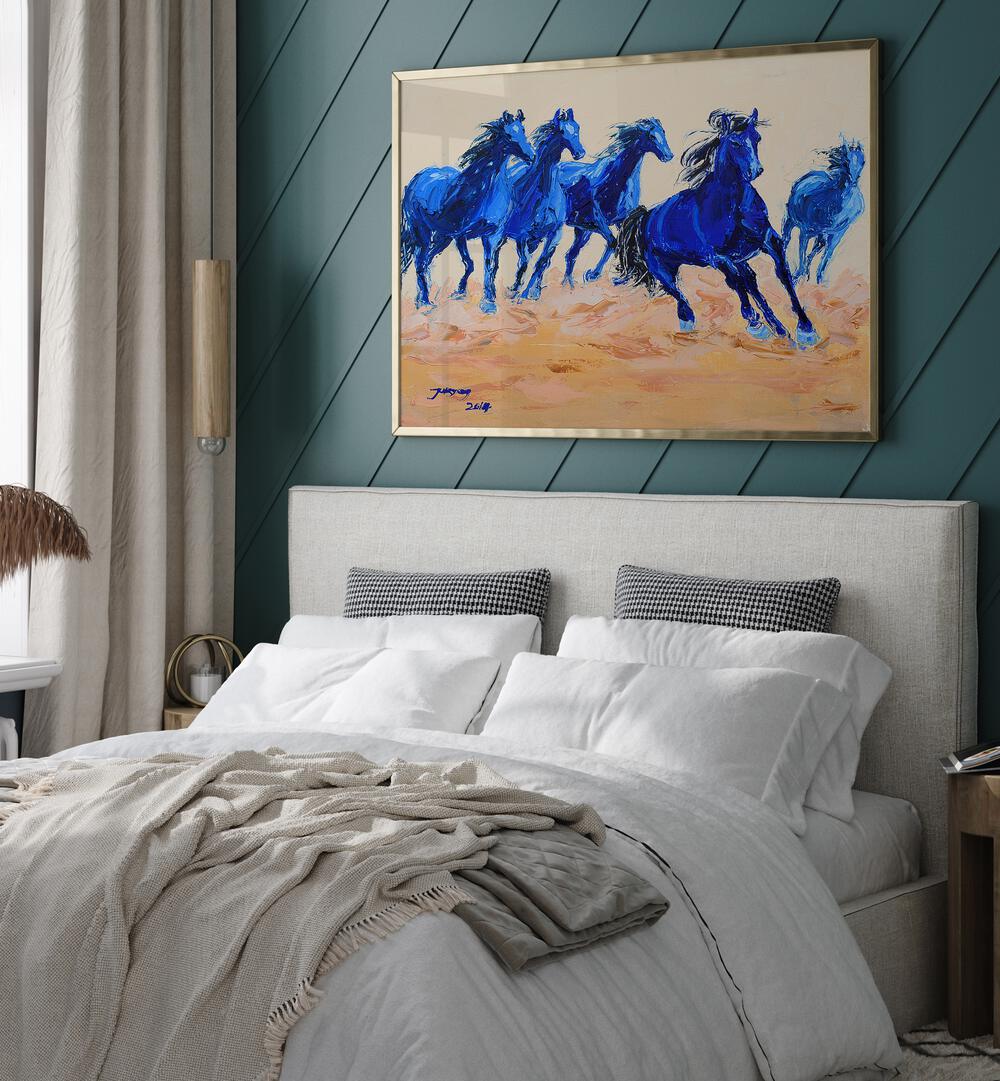 Vibrant HORSE III, ANIMAL PAINTINGS showcased above a cozy bed, perfect for animal art lovers.