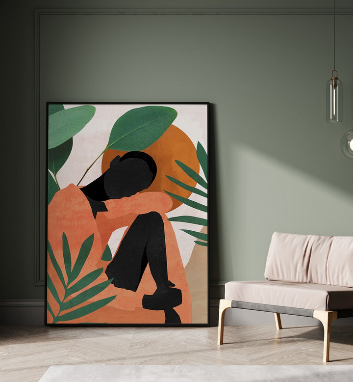Vibrant TROPICAL GIRL SHAPE II, PORTRAITS artwork featuring abstract human form amid lush greenery, perfect for any space.
