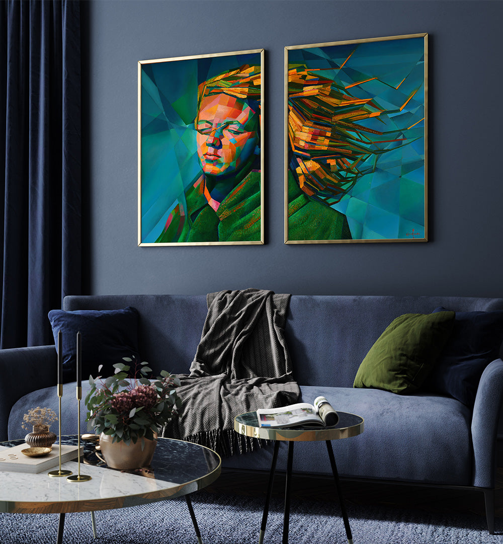 Living room with a blue sofa, two abstract paintings on the wall, and decorative items.