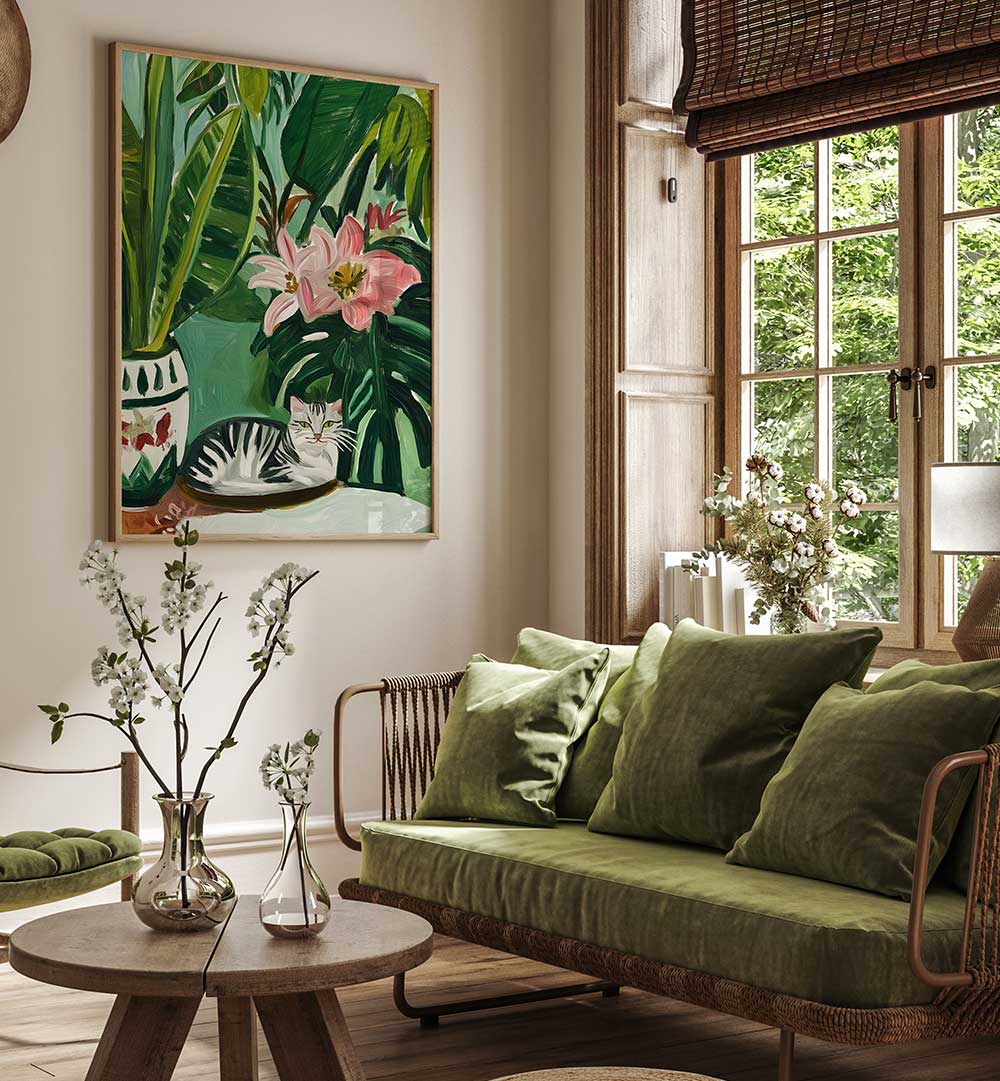 TROPICAL MUSE WITH CAT , FLORAL FLOWER PAINTINGS