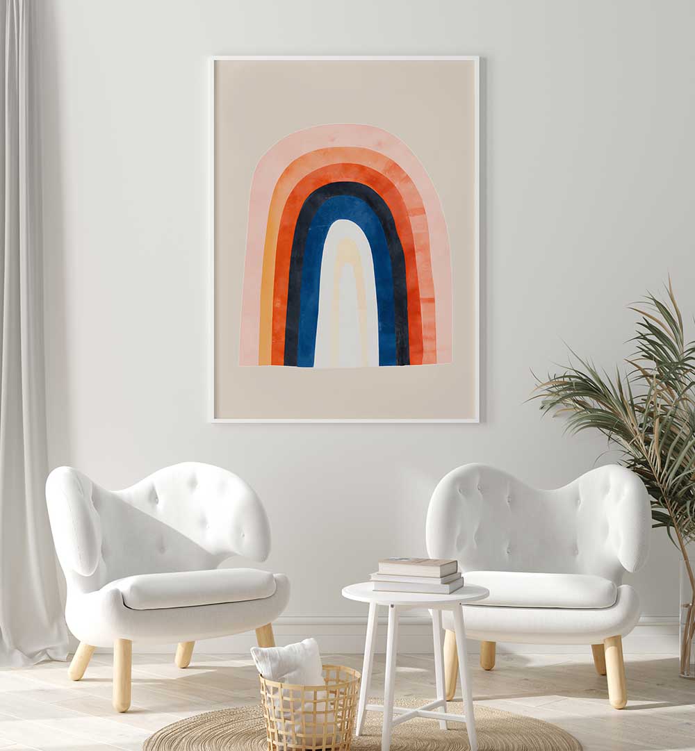 OVER THE RAINBOW , KIDS ROOM PAINTINGS featuring colorful minimalist rainbow art in a cozy modern kids’ room setting