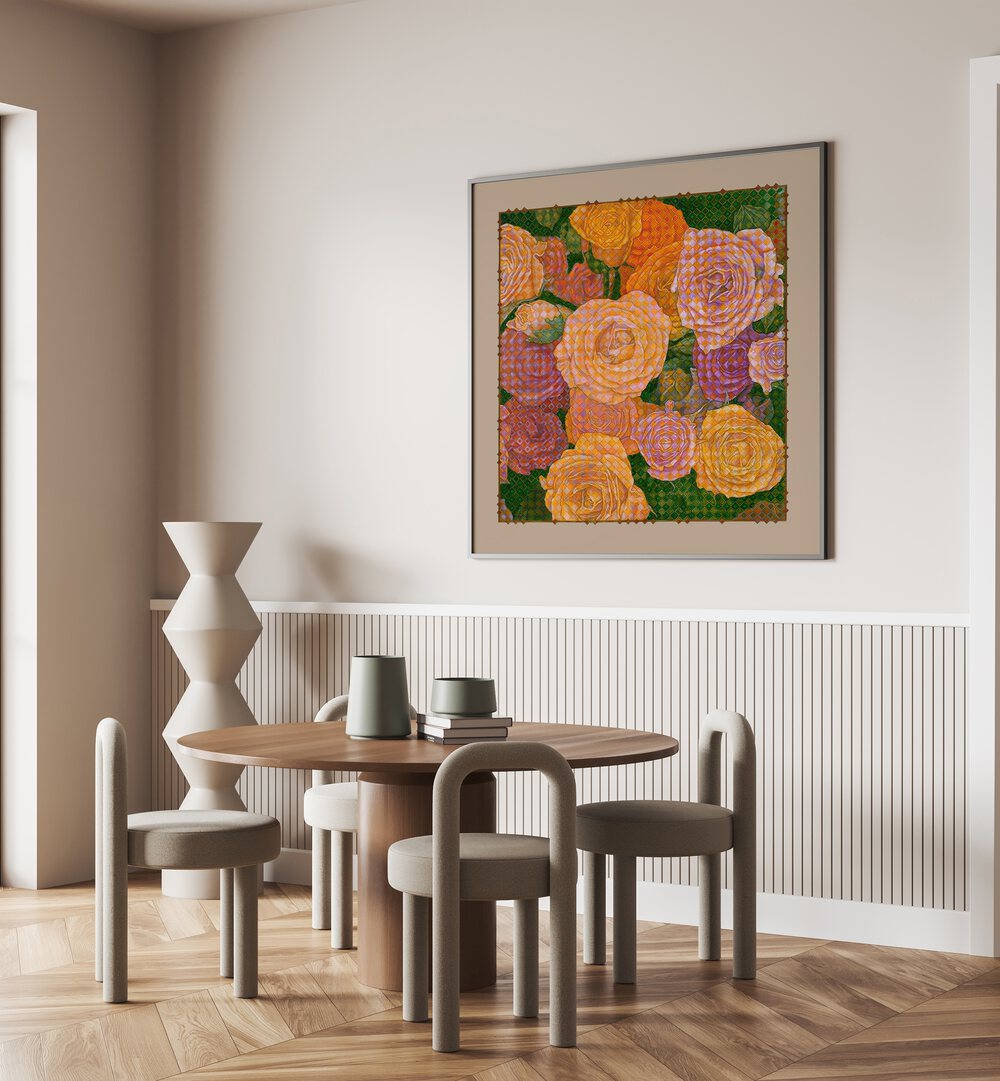 Vibrant GRID OF BEAUTY - ROSES, FLORAL FLOWER PAINTINGS adorns a modern room, enhancing its aesthetic appeal.