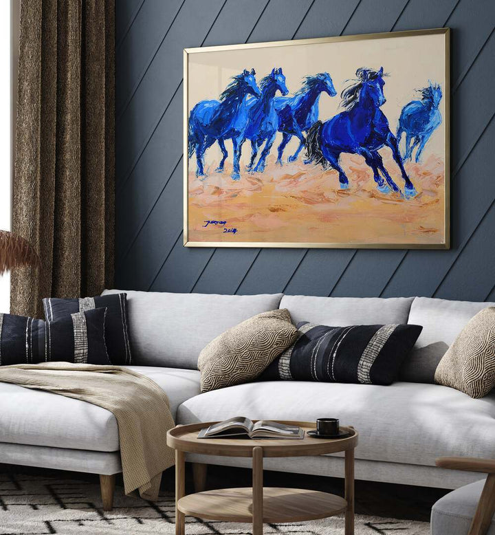 Vibrant HORSE III, ANIMAL PAINTINGS showcasing blue horses in motion, perfect for modern home decor.