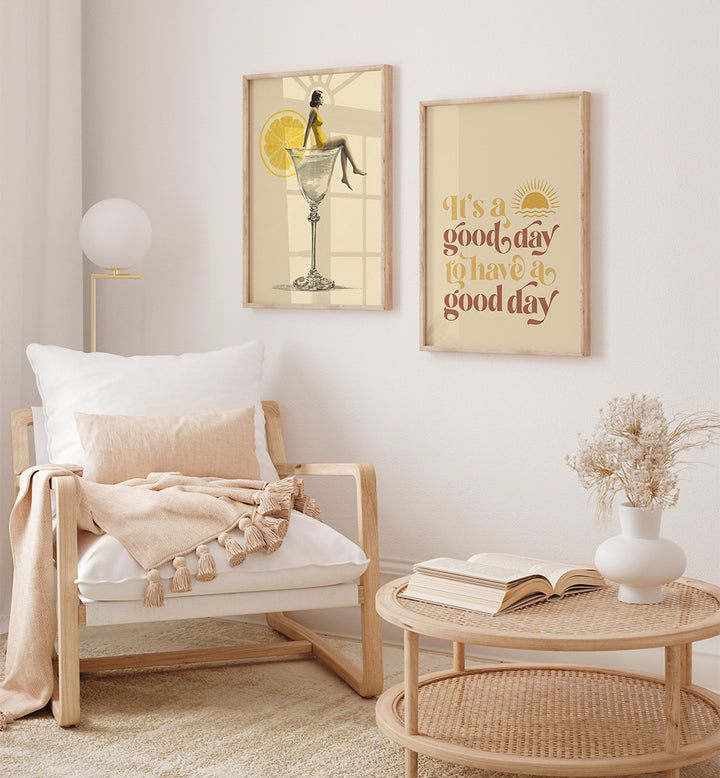 Living room with a wooden armchair, coffee table, and wall art.
