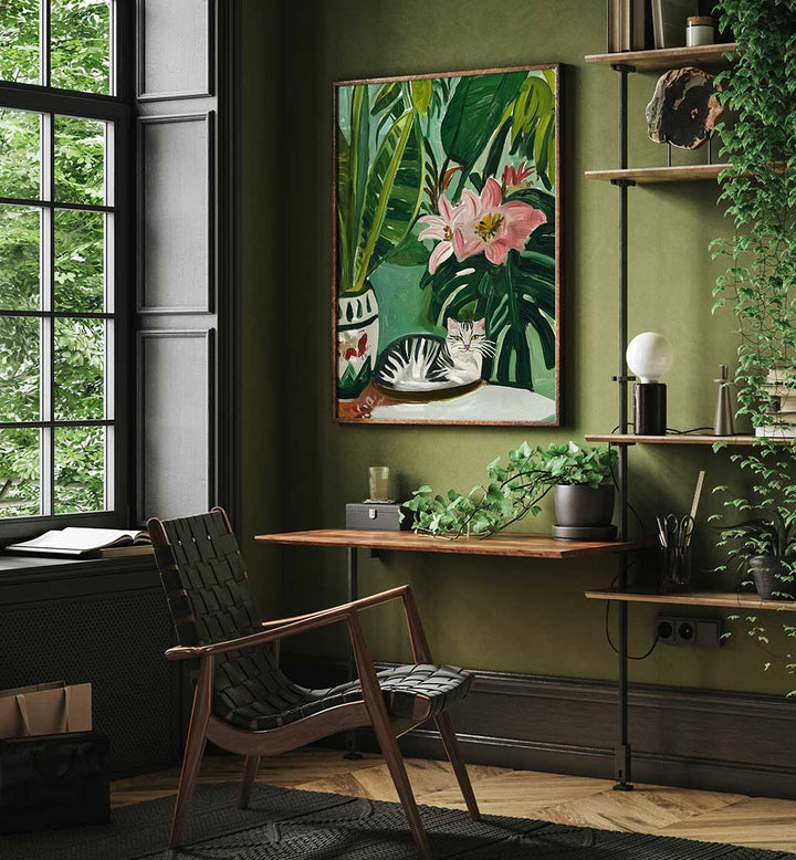 TROPICAL MUSE WITH CAT , FLORAL FLOWER PAINTINGS