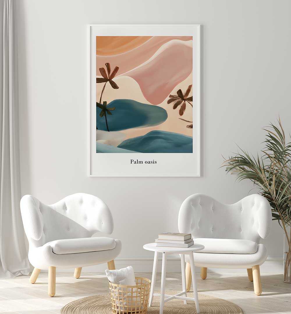 Modern living room with minimalist decor featuring PALM OASIS , BEACH PAINTINGS of abstract palm trees and waves.