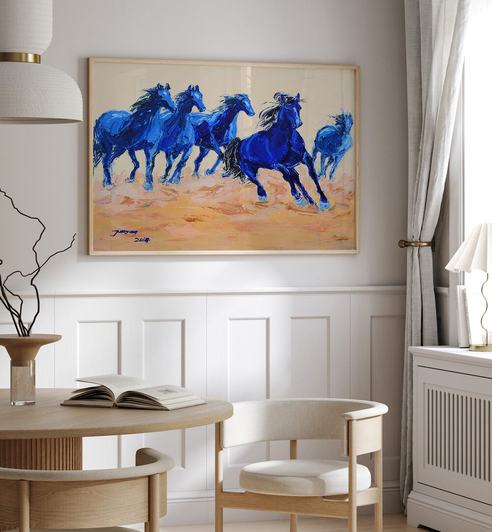Vibrant blue horses in motion featured in HORSE III, ANIMAL PAINTINGS, perfect for enhancing any art collection.