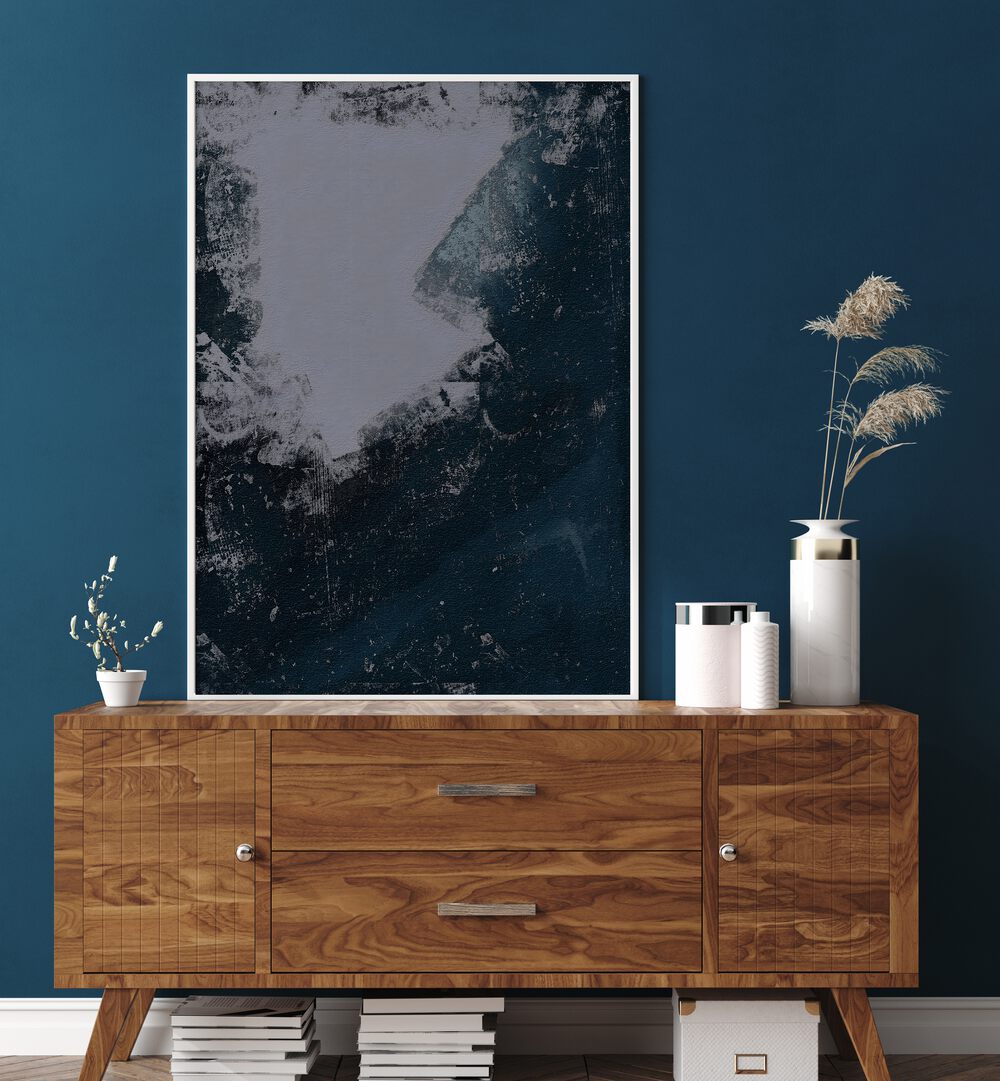 Modern TERAPH, ABSTRACT PAINTINGS displayed on a wooden console, adding elegance to any home decor.