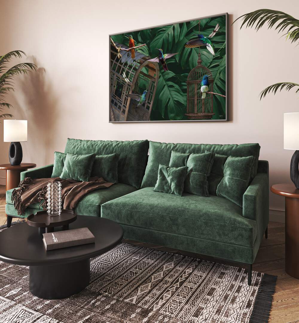 Vibrant TROPICAL HUMMINGBIRDS , ANIMAL PAINTINGS adorn a stylish living room, showcasing wildlife art by Sue Skellern.
