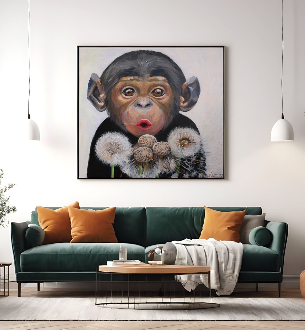 Vibrant SURPRISED MONKEY, COMIC POSTERS artwork featuring a whimsical monkey holding dandelions, perfect for any art collection.